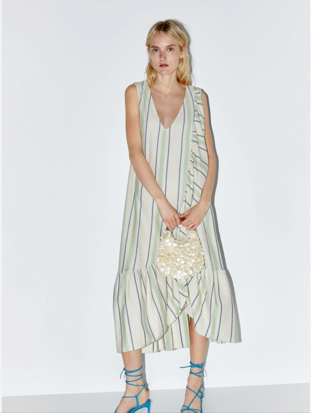 Zara Beige Striped Ruffle Cotton Midi Dress